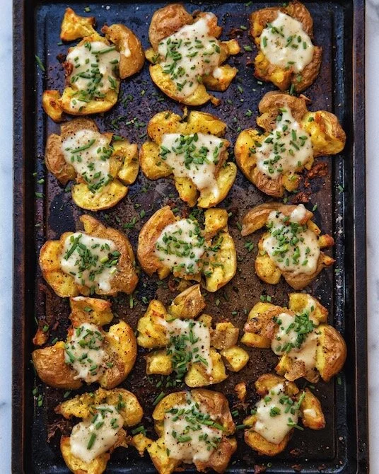 Smashed Potatoes with Dairy-Free Garlic Cream Sauce &amp; Chives