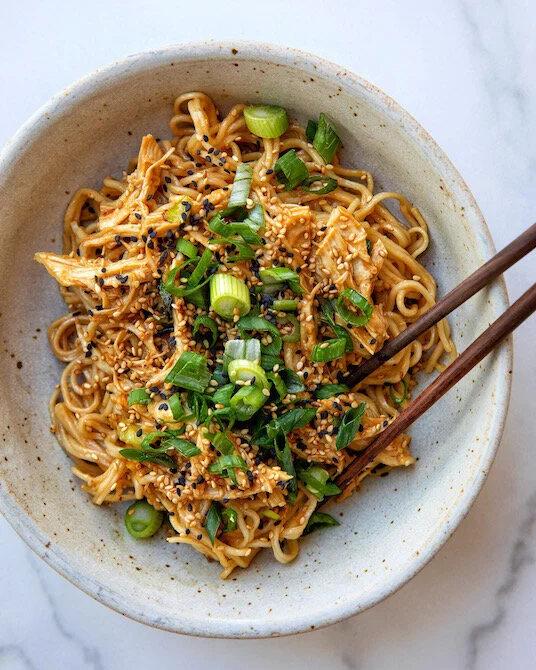 Sesame Peanut Scallion Noodles with Shredded Chicken