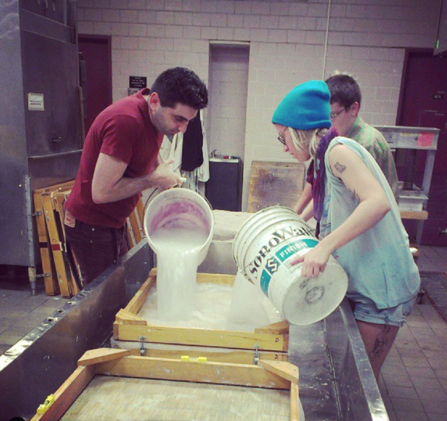  Behind the scenes look at the large sheet paper making process at the Fibers Arts Studio at the University of Missouri-Columbia. 2013.  