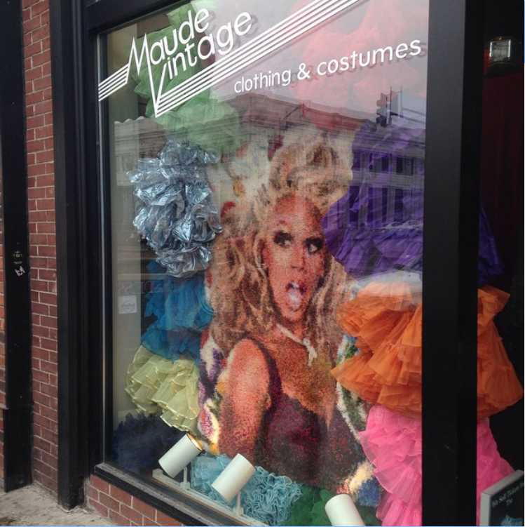  RuRug hanging in the window of Maude Vintage clothing store in downtown Columbia, MO. 2016. 