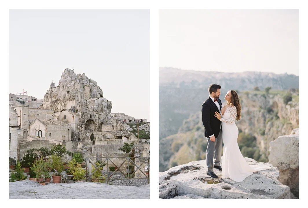 bride and groom portrait in Matera, Italy, Amsale wedding dress