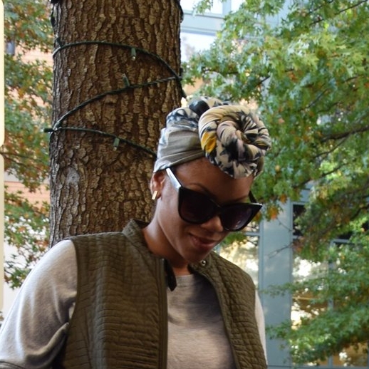 I took a patterned scarf and wrapped it around my head with a front knot to pull the look together. These black frames from Express added some sophistication. 