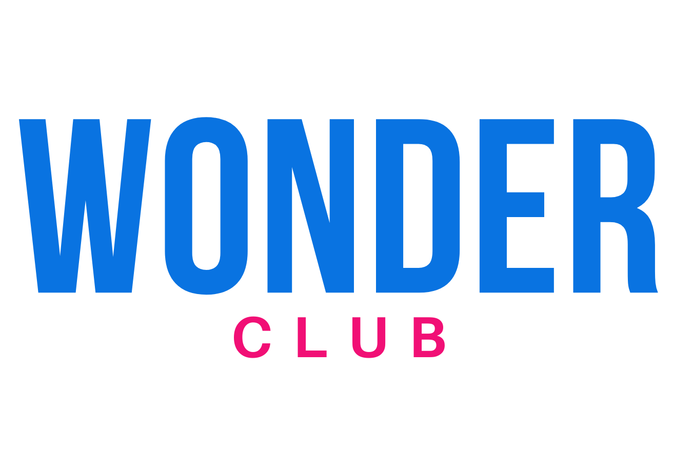 Logo of Wonder Woman Club in blue and pink text.