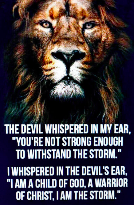 Close-up of a lion's face with a quote about strength and faith overlaid. The quote reads: "The devil whispered in my ear, 'You're not strong enough to withstand the storm.' I whispered in the devil's ear, 'I am a child of God, a warrior of Christ, I am the storm.'"
