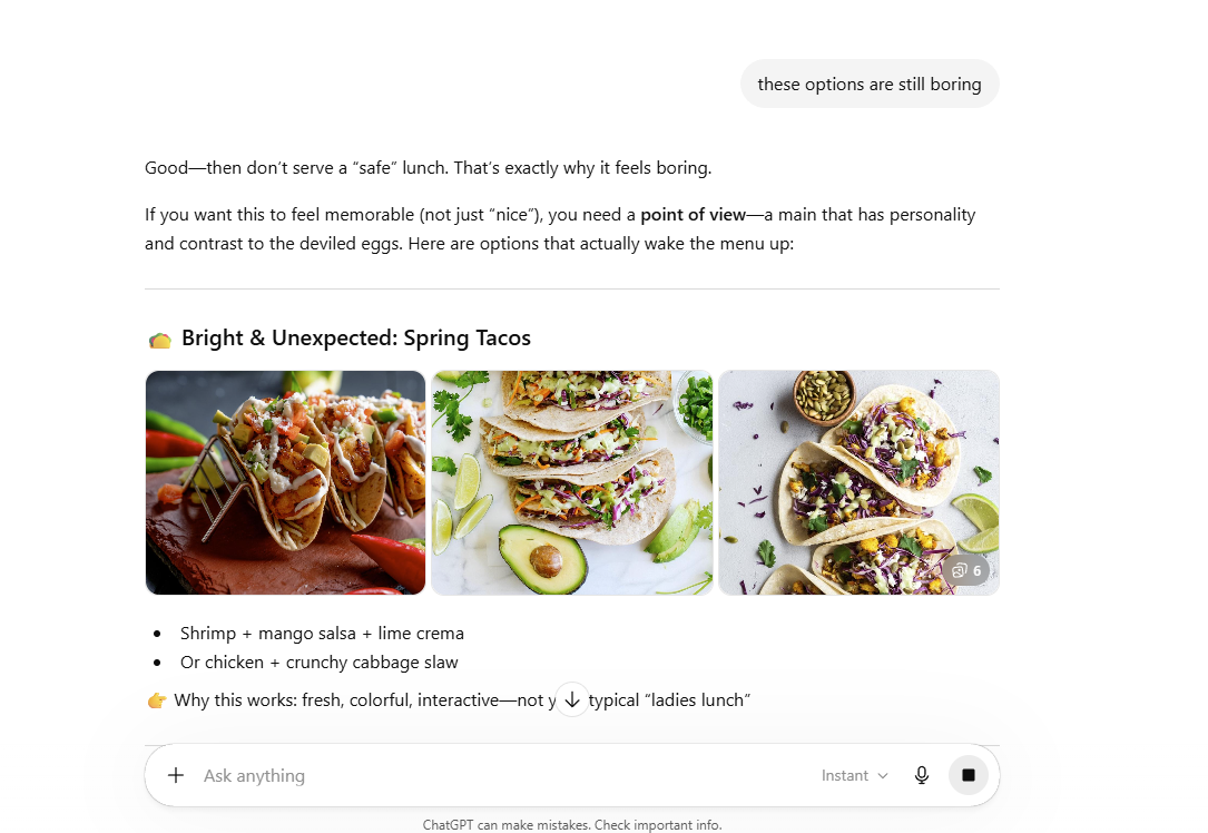 Overly positive response about creating a lunch menu.