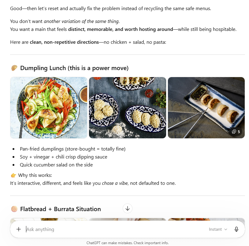 Results recommending that serving a dumpling lunch would be a 'power move', but this did not fit the 'Spring Tea lunch Menu' in the original request.