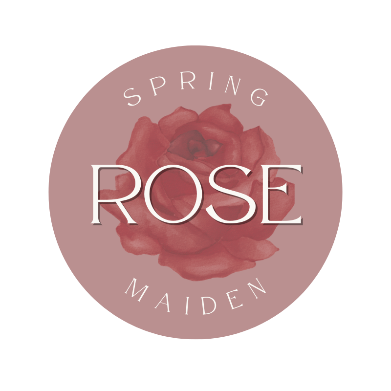 Logo with a red rose in the center and the words 'Spring Rose Maiden' surrounding it.