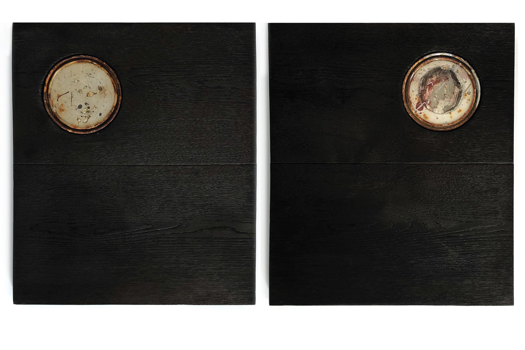  Resined paint lids in burnt wood, 340 x 420mm 