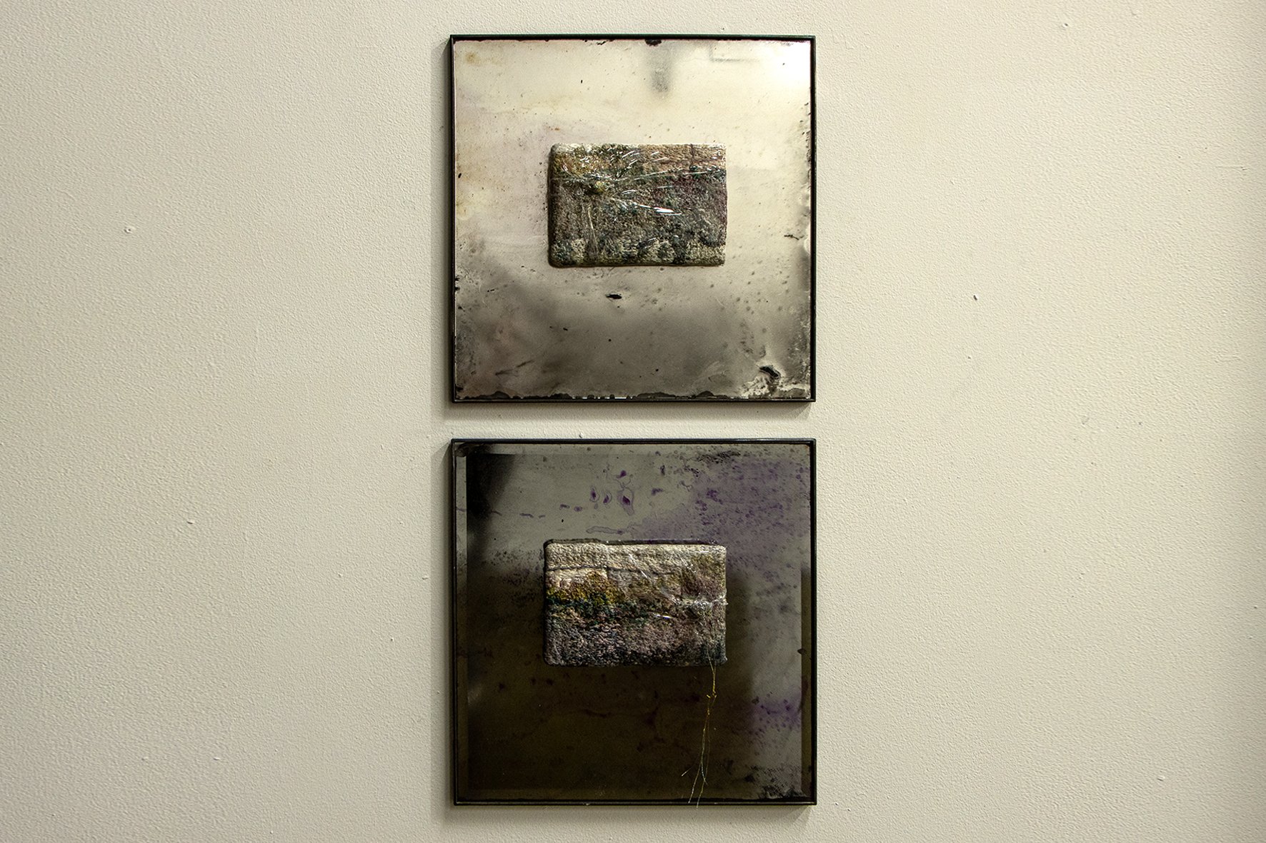  Paint, pvc, mixed media, embroidery on painted mirror, steel frame, 300 x 320mm   