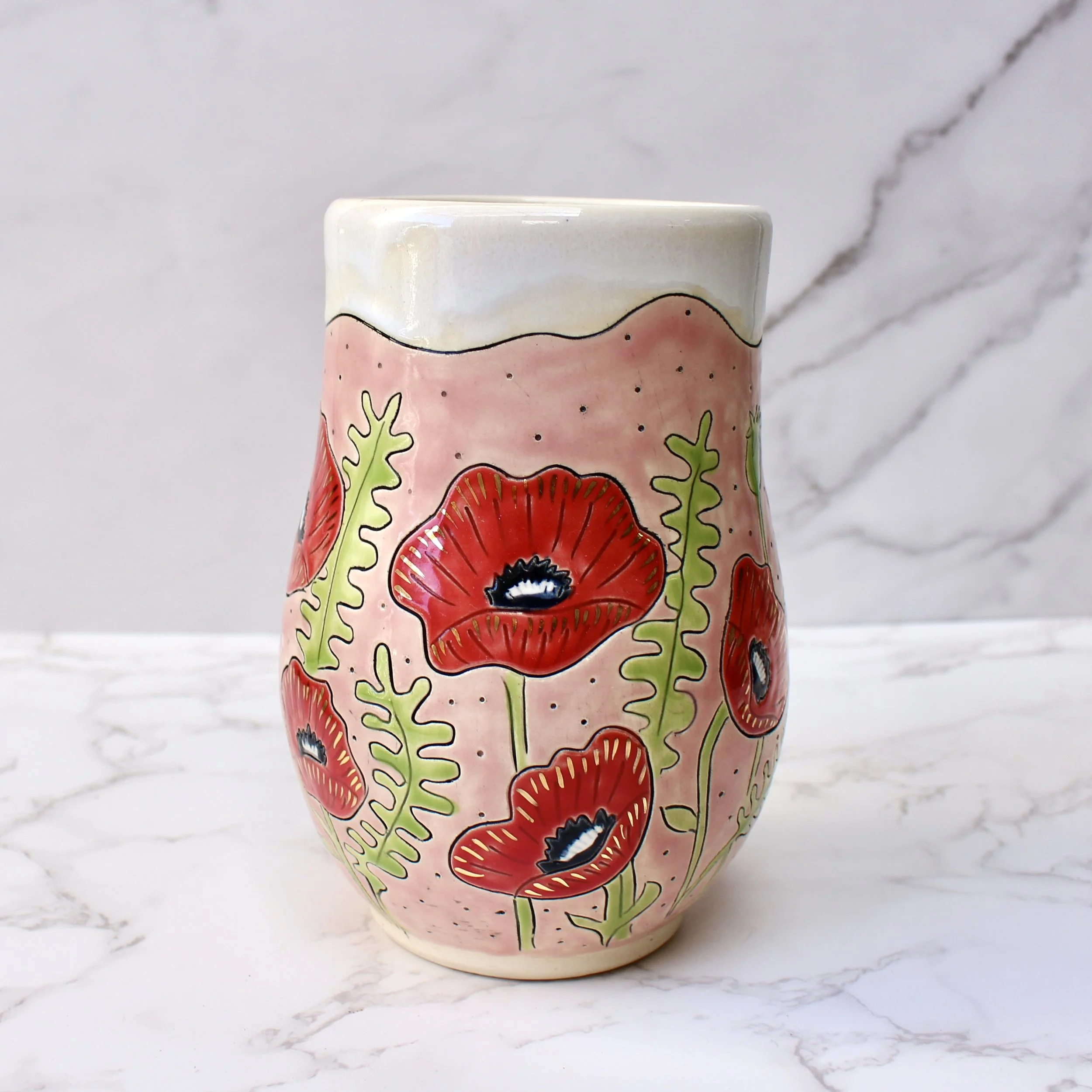 Art Vase, Mishima Poppies with Real Gold Details - READY TO SHIP