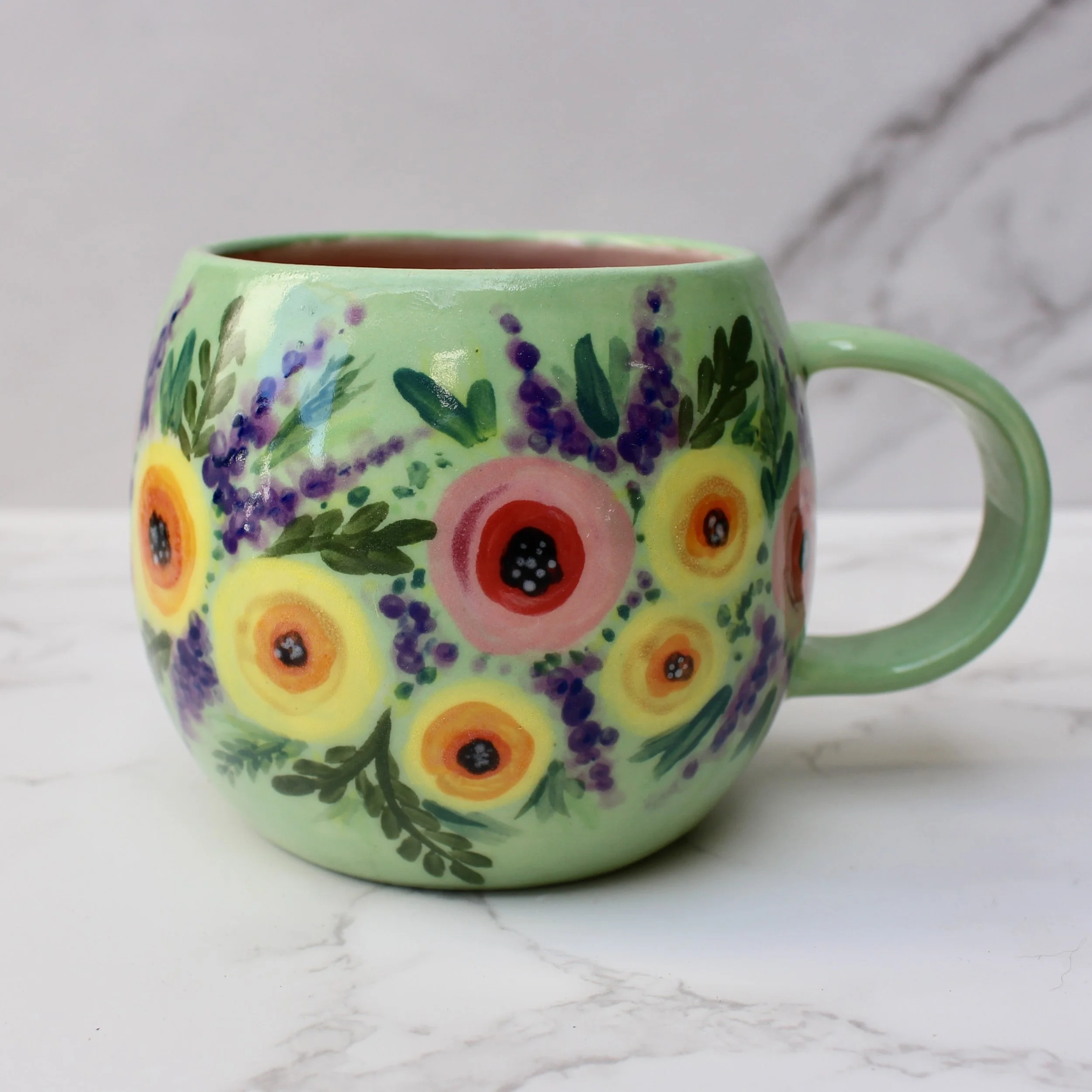 Art Mug, Hand Painted Flowers, Green  - READY TO SHIP