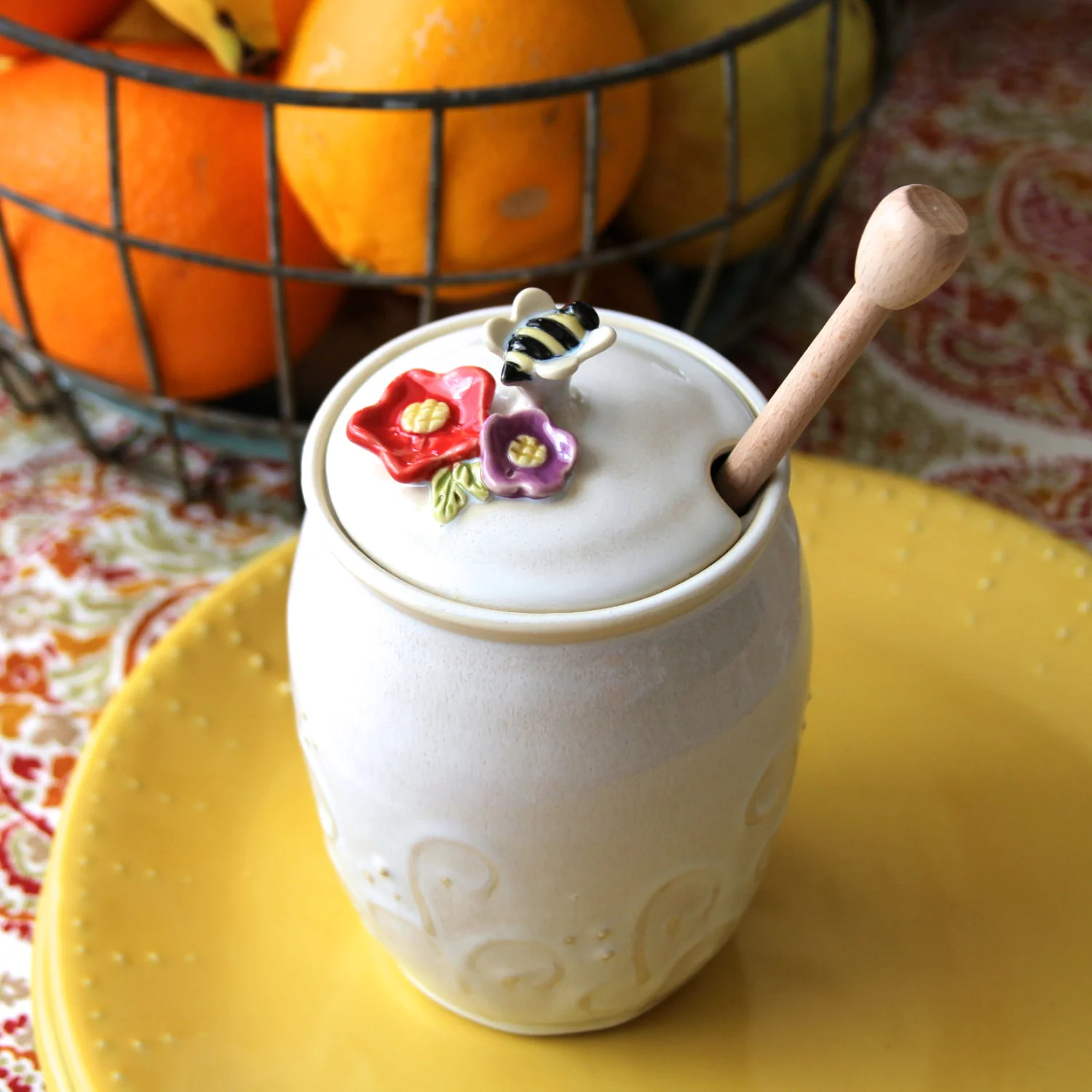 Honey Jar with Bee and Flowers