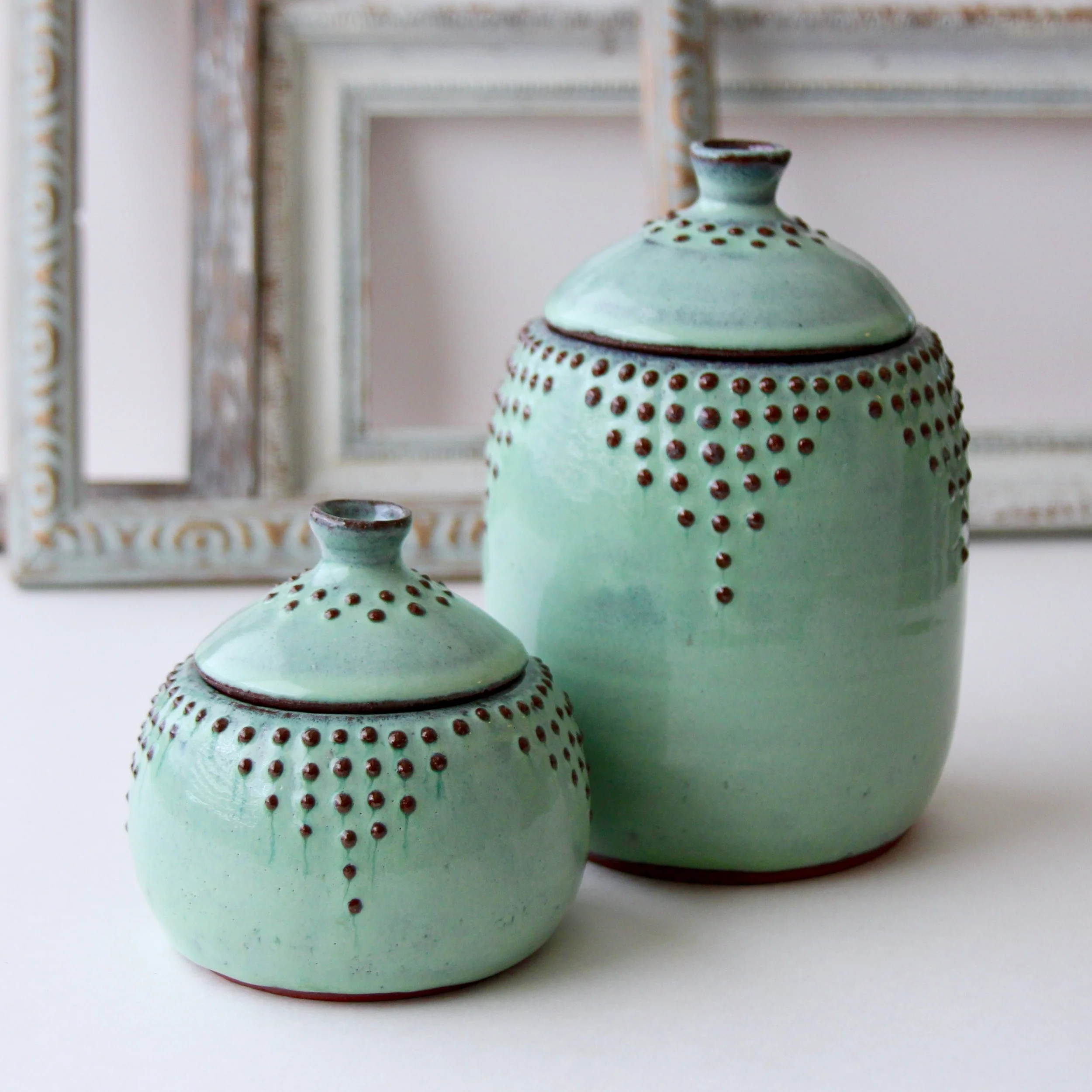 Lidded Jars in Aqua Mist