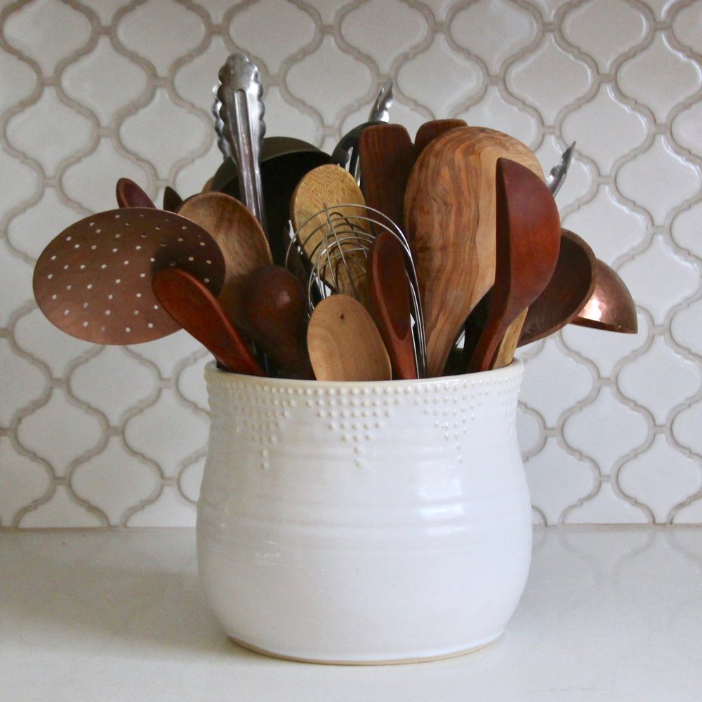 Large Ceramic Utensil Holder Handmade Pottery Crock. Spoon 