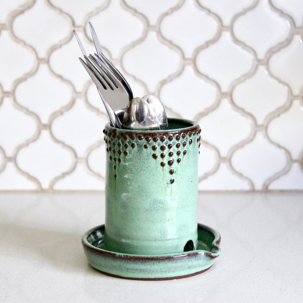 Utensil Drainer Caddy - Toothbrush Holder - Aqua Mist Collection — Back Bay  Pottery