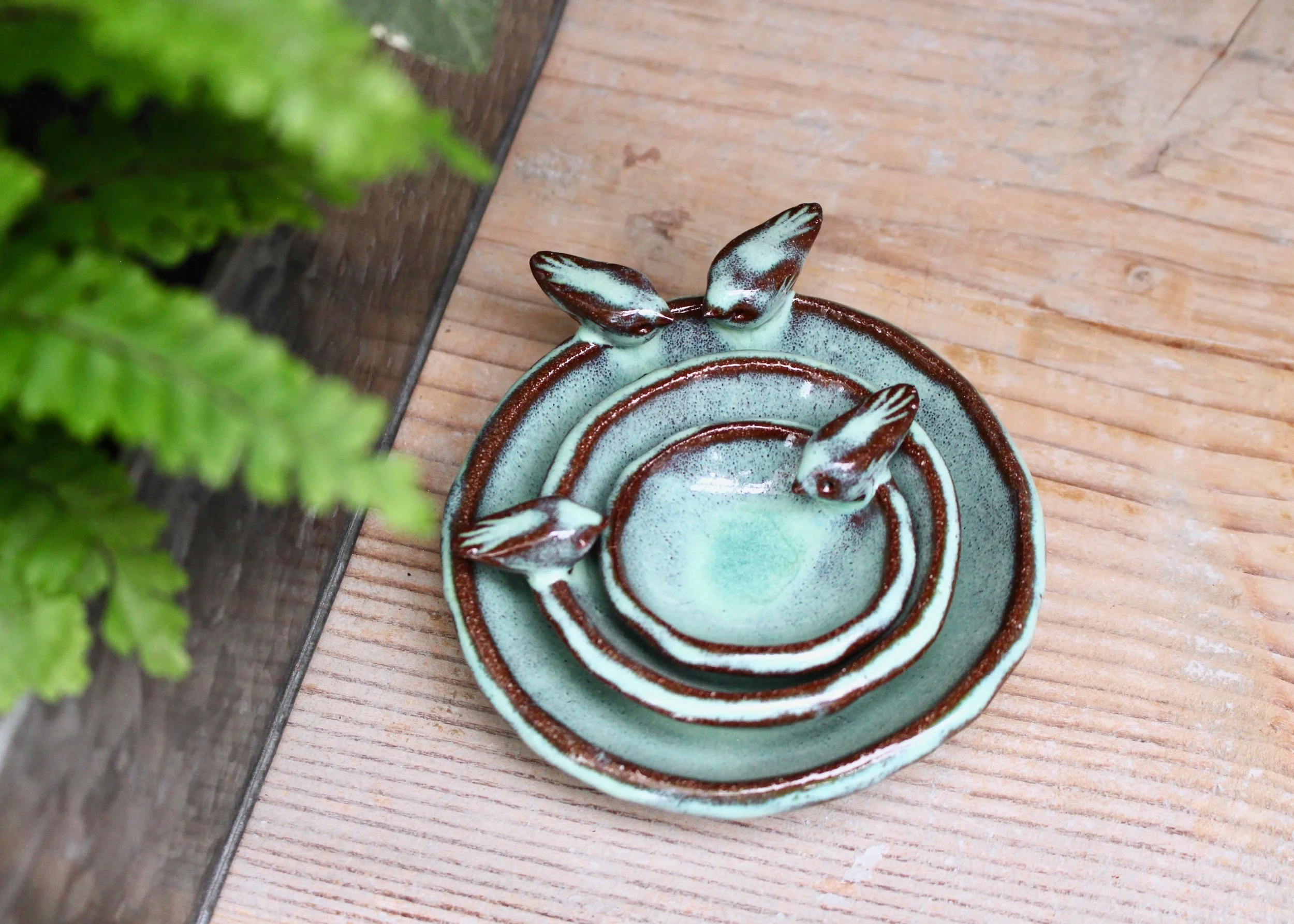 Nesting Bird Dishes in Aqua Mist