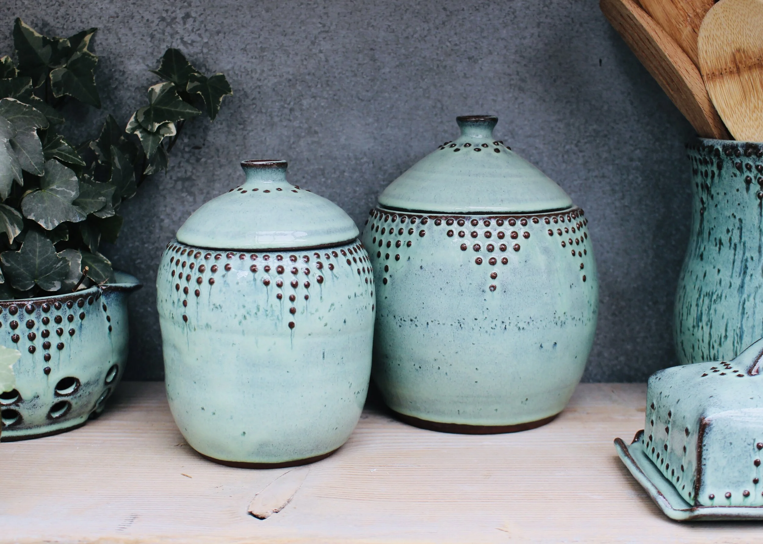 Large Lidded Jar Set in Aqua Mist