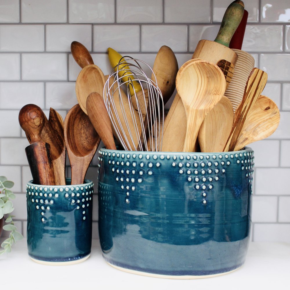 Utensil Holder Medium Size Aqua Mist Hand Thrown Vase Modern Kitchen Home  Decor MADE TO ORDER 