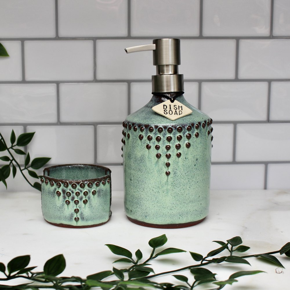 Soap or Lotion Dispenser Bottle in Aqua Mist - Kitchen Set — Back