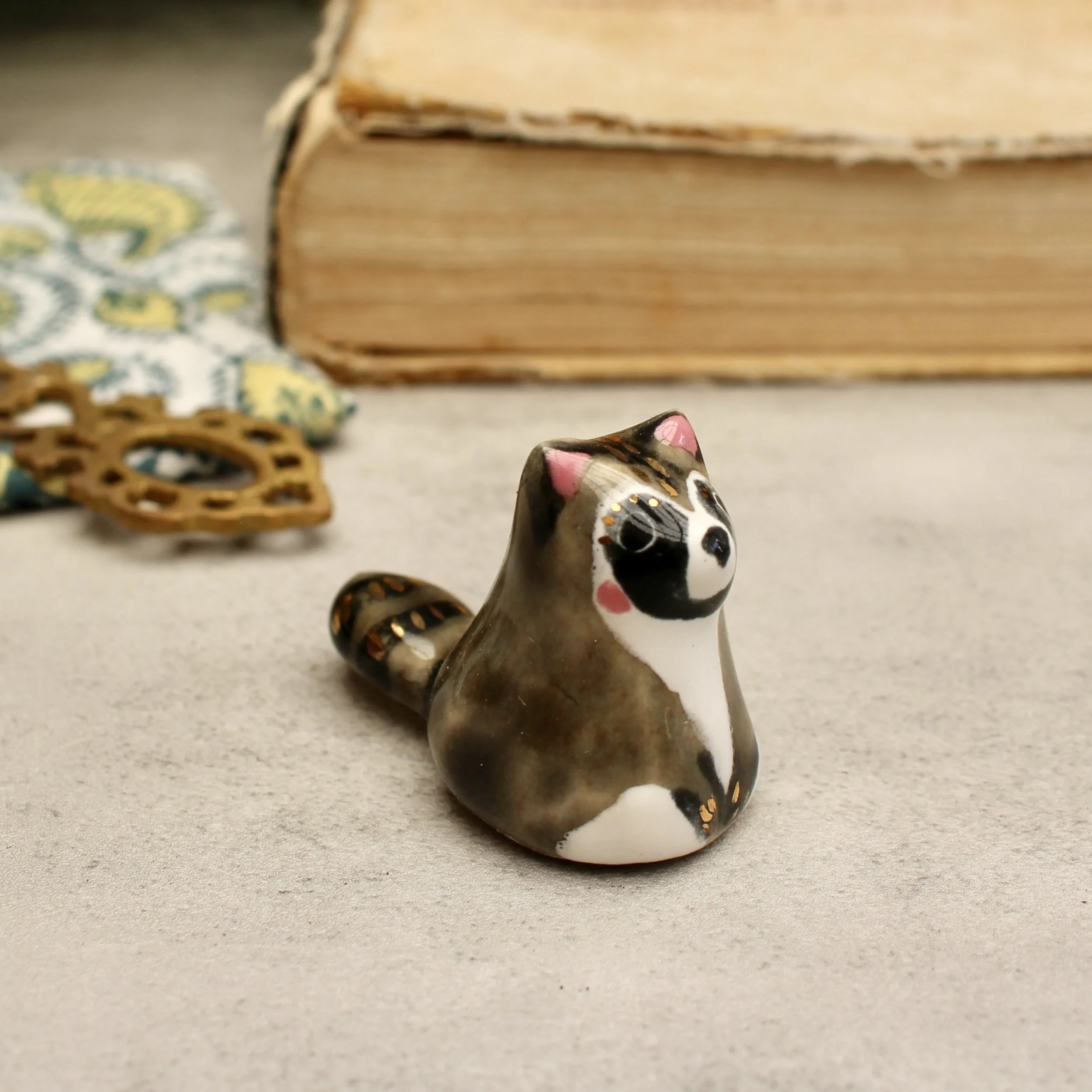 Miniature Raccoon Sculpture with Real Gold Details - READY TO SHIP