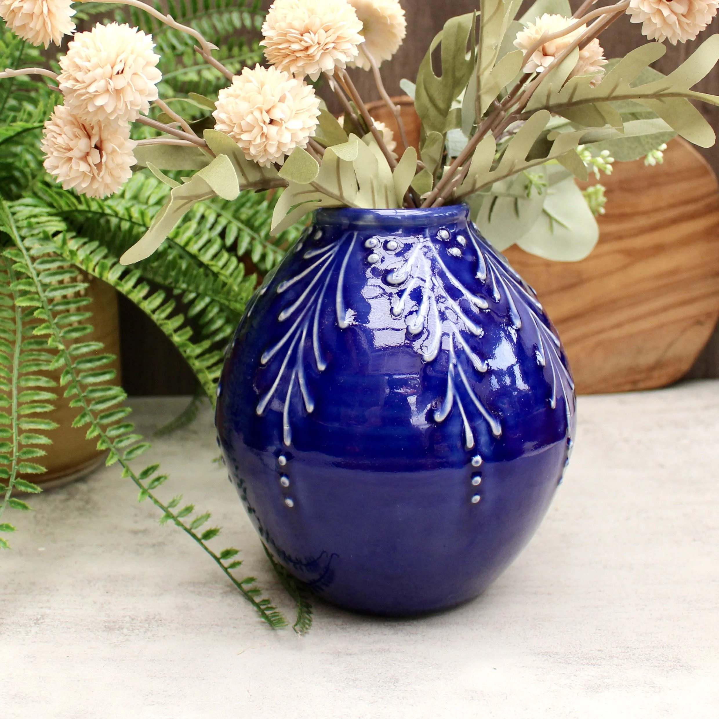 Slip-Trailed Vase in Cobalt Blue - READY TO SHIP