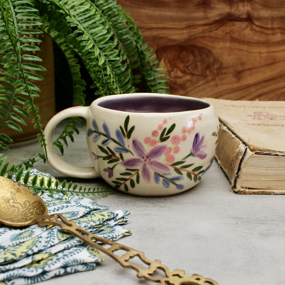Handmade Mug with Hand Painted Flowers in Purple — Back Bay Pottery