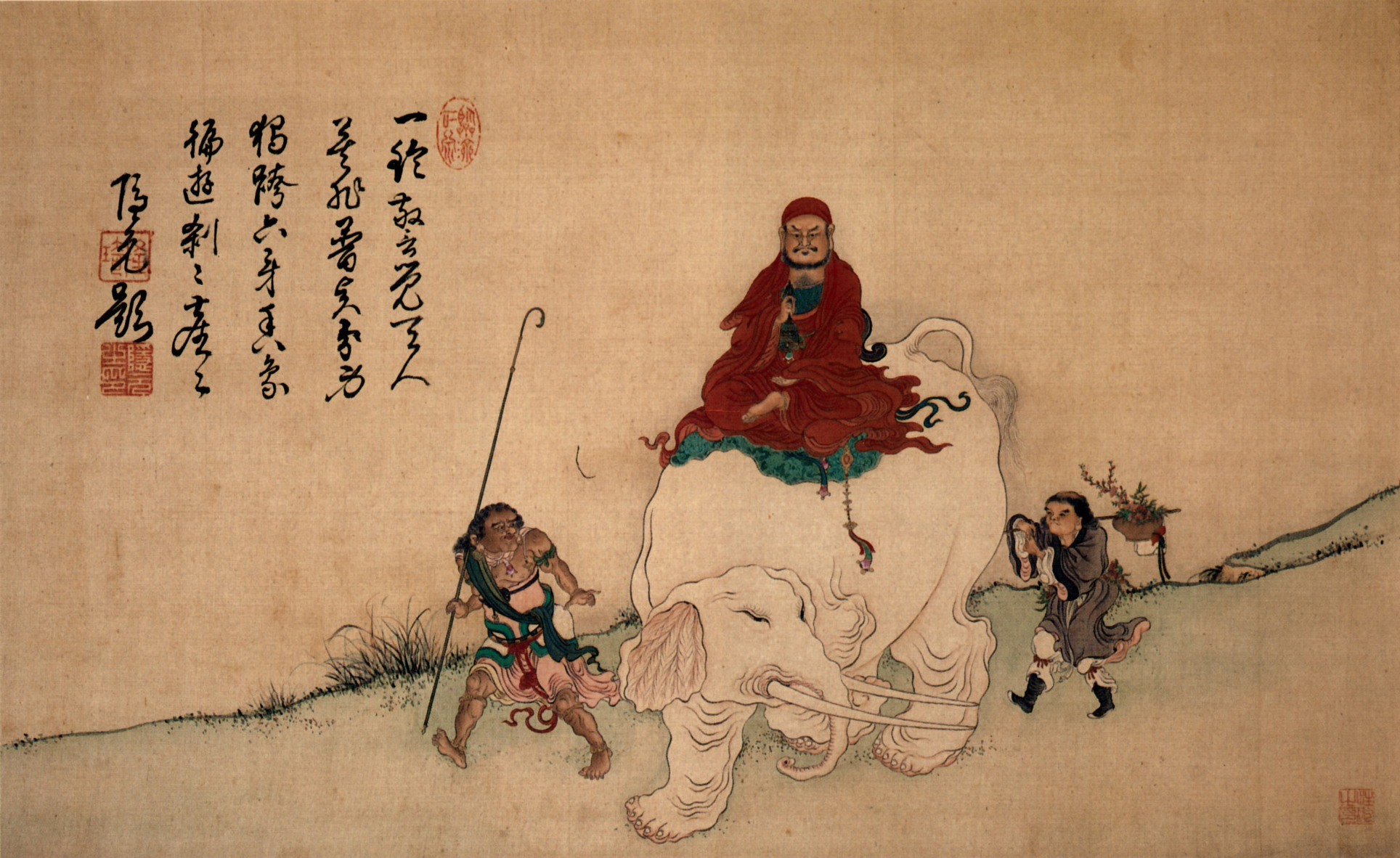 Bodhidharma_on_Elephant_Yiran_Inscription_by_Yinyuan_color_on_silk_hanging_scroll.jpg
