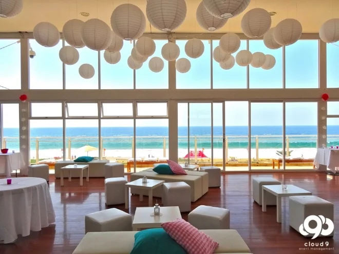 Narrabeen Beach . Cocktail Wedding Reception w/ paper lanterns, day beds + ottomans