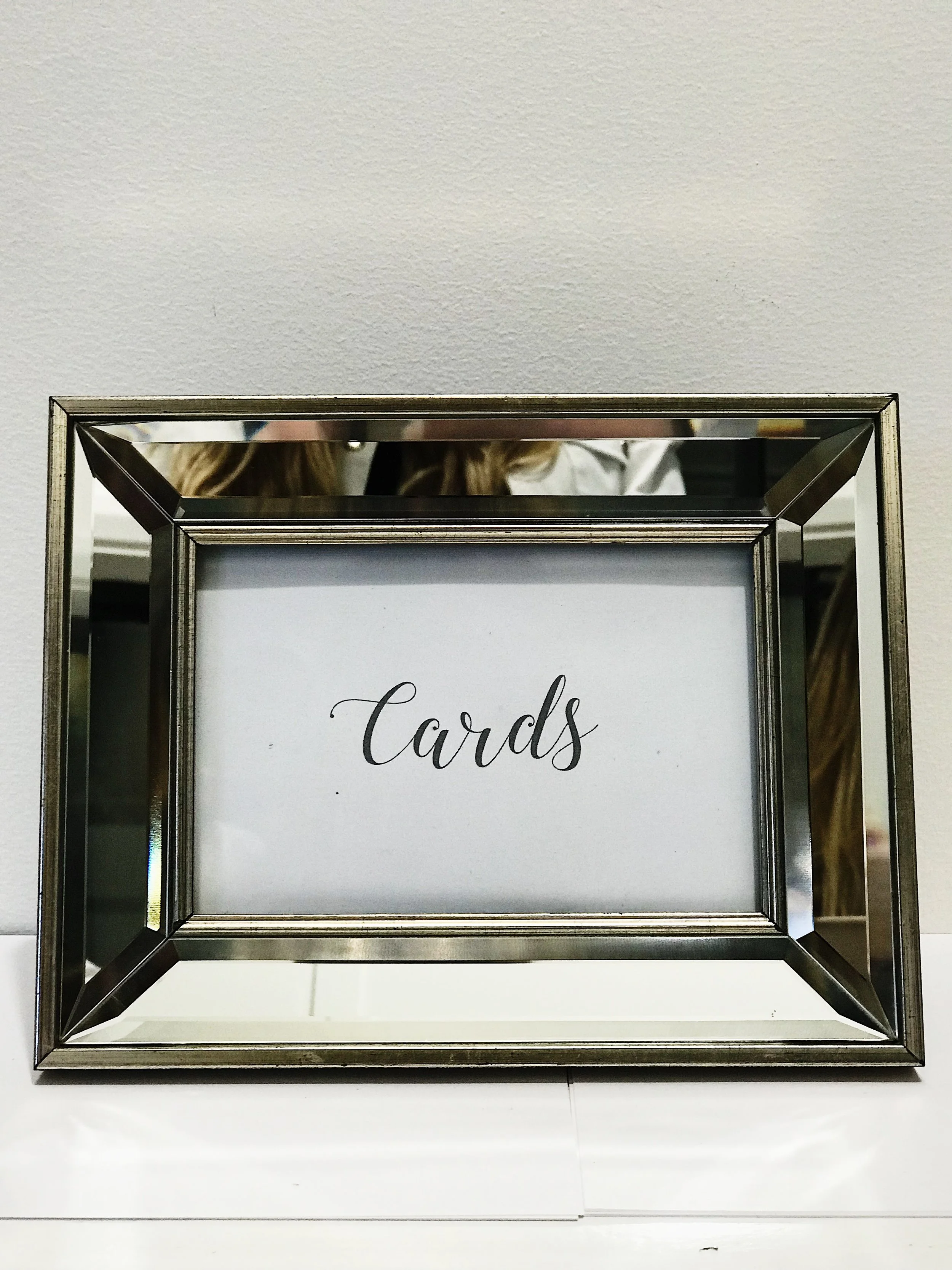 mirror_cards_sign_frame_silver_styling_hire_wishing_well.JPG