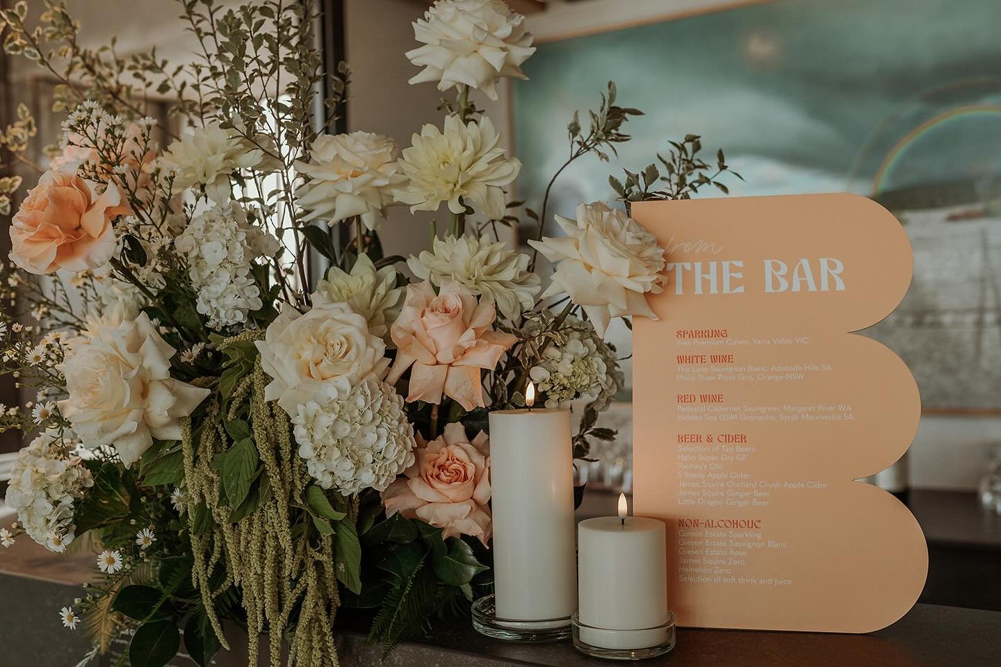 We love a bar feature! 
After all the bar receives a lot of foot traffic over the course of a wedding. The bar is the chance for a styled moment and to help with your budget you can be selective about what moments you choose to style, we suggest thin