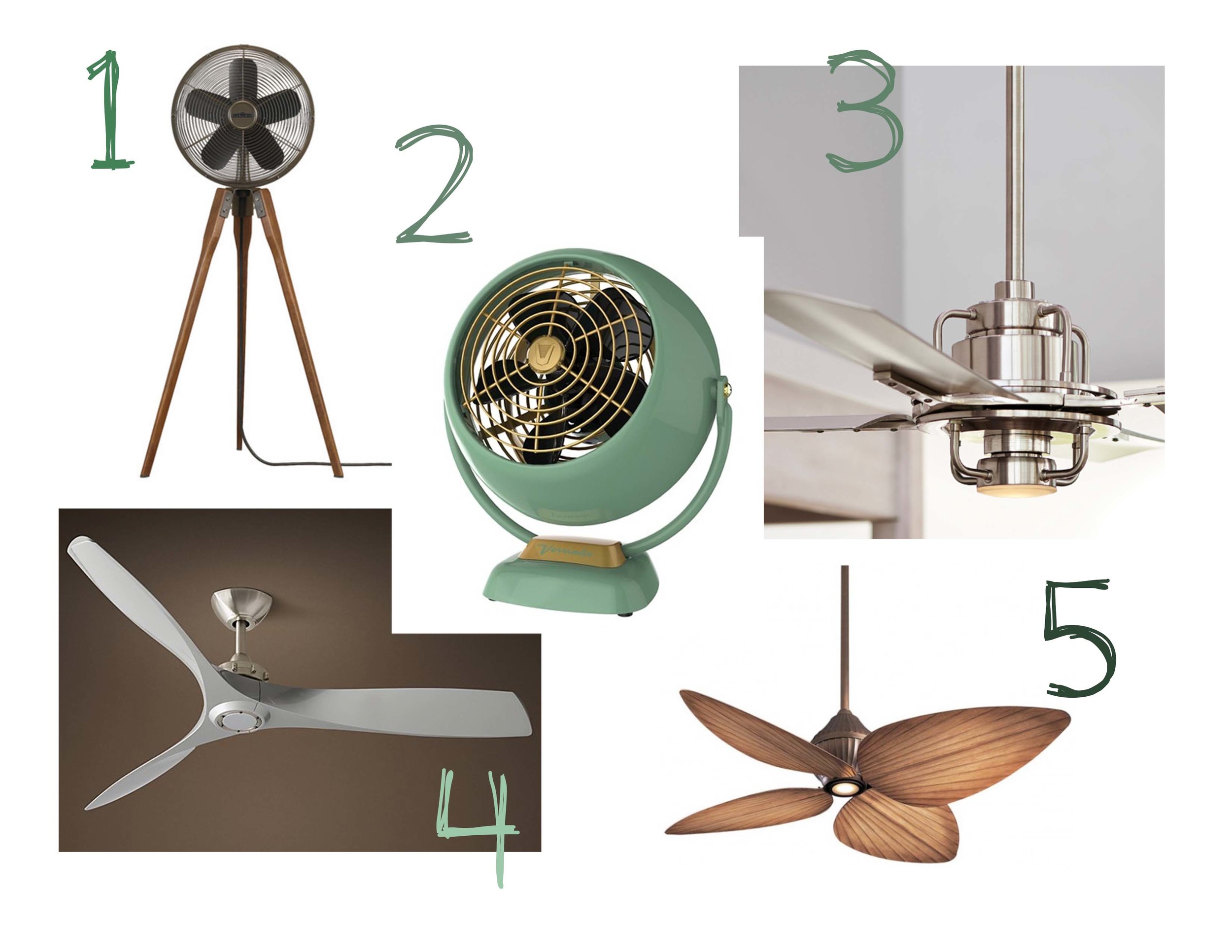 1. http://www.wayfair.com/Fanimation-Arden-Pedestal-Fan-KW3134.html 2. http://www.amazon.com/Vornado-VFAN-Vintage-Circulator-Green/dp/B00TX79BK6?ie=UTF8&keywords=retro%20fan&qid=1465322798&ref_=sr_1_2&sr=8-2 3. http://www.rejuvenation.com/catalog/collections/peregrine-industrial-LED-ceiling-fans 4. https://www.restorationhardware.com/catalog/product/product.jsp?productId=prod6430139&categoryId=cat3860005 5. http://www.houzz.com/photos/114529/Minka-Aire-Gauguin-Ceiling-Fan-tropical-ceiling-fans
