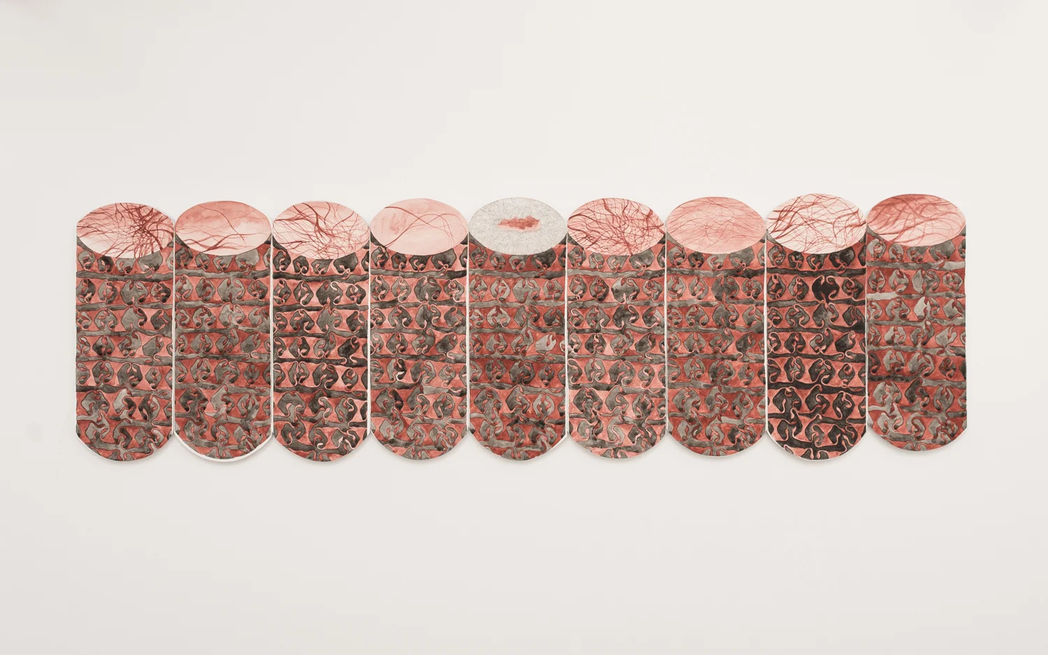Womb Towers II Watercolour and silver leaf on paper, pasted on MDF board 10 x 26 cm (dimensions variable) 2016
