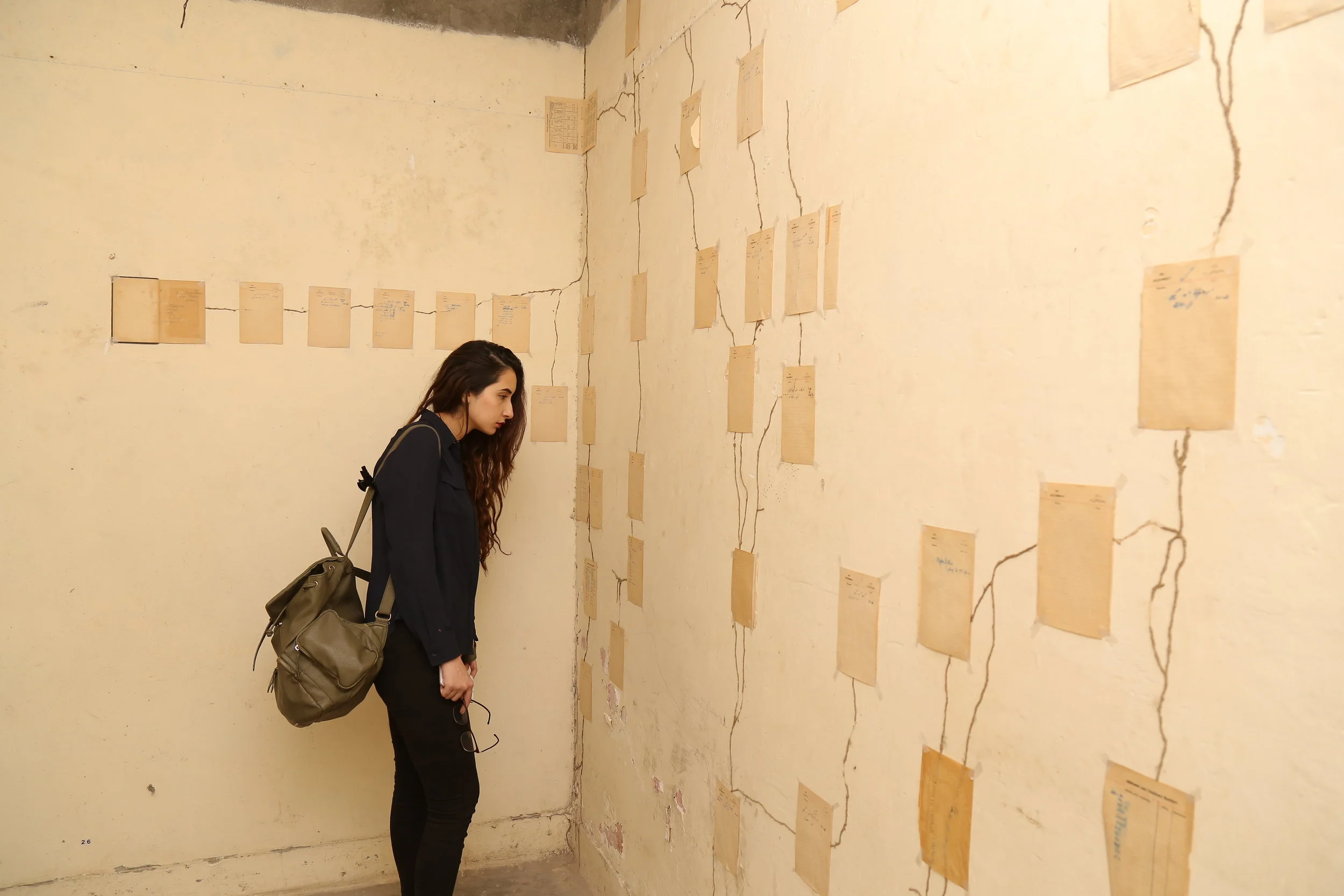  Nisha Hasan  ‘Elegy for the Leaves’   8 X 10 square feet room, pages from a found diary, termite mud tunnels, surgical tape  Dimensions variable  2017 