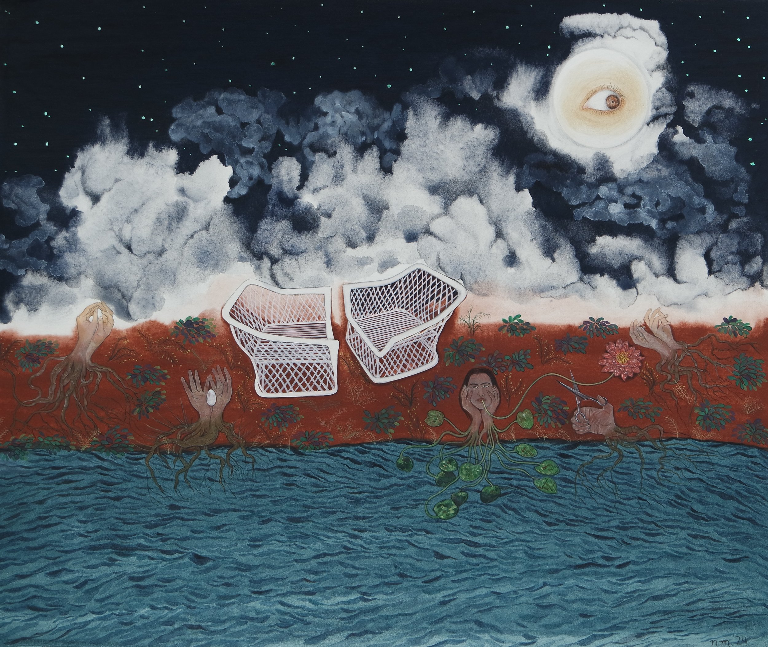   Uprooted   Gouache, watercolour and Mother-of- Pearl powder on  Wasli  (layered paper)  43.5 x 35.5 cm  2024   