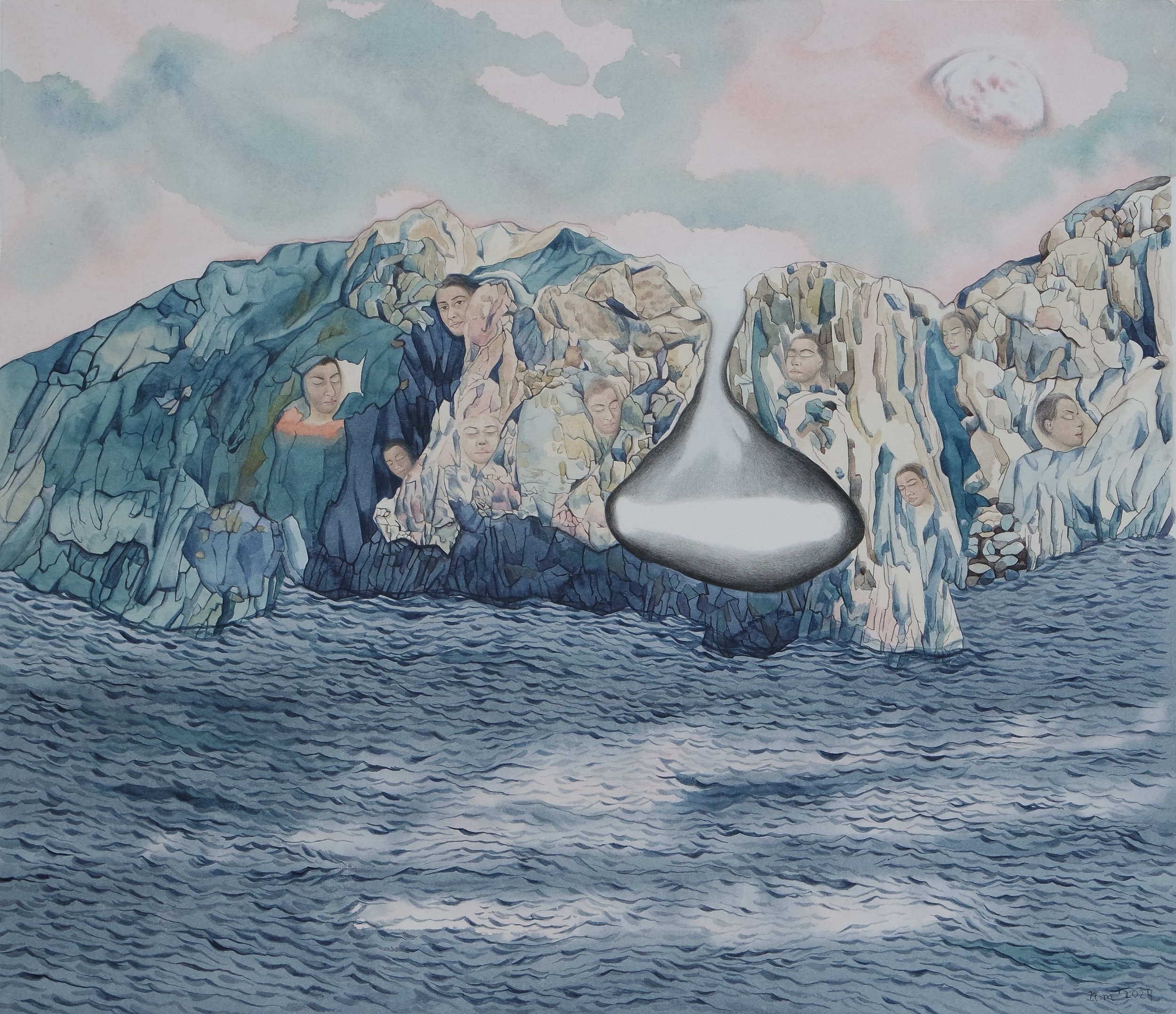   Home is a Mirage   Watercolour and pastel on paper  45 x 38 cm  2024 