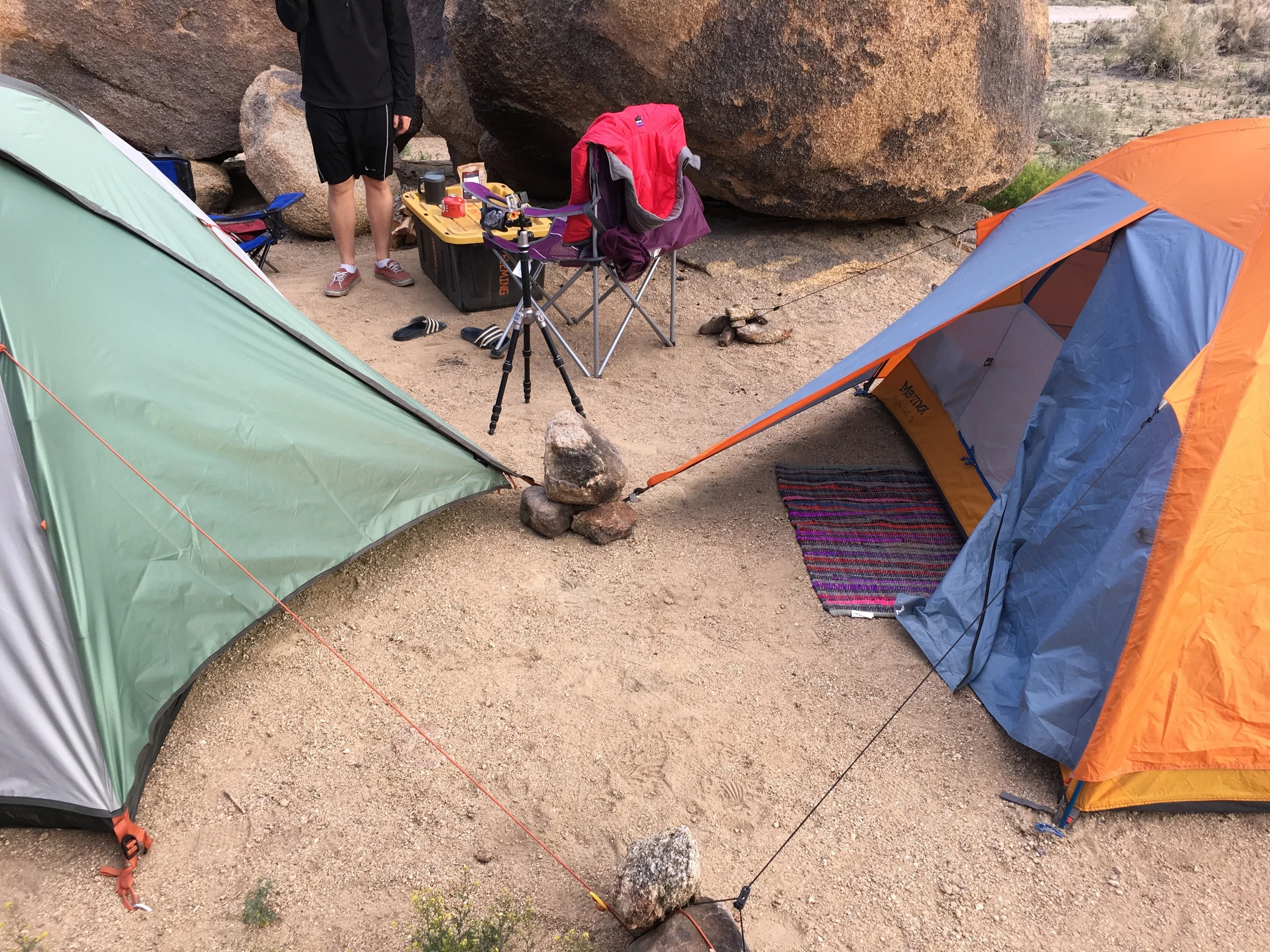 Rocks worked as makeshift tent stakes because the ground was too hard.