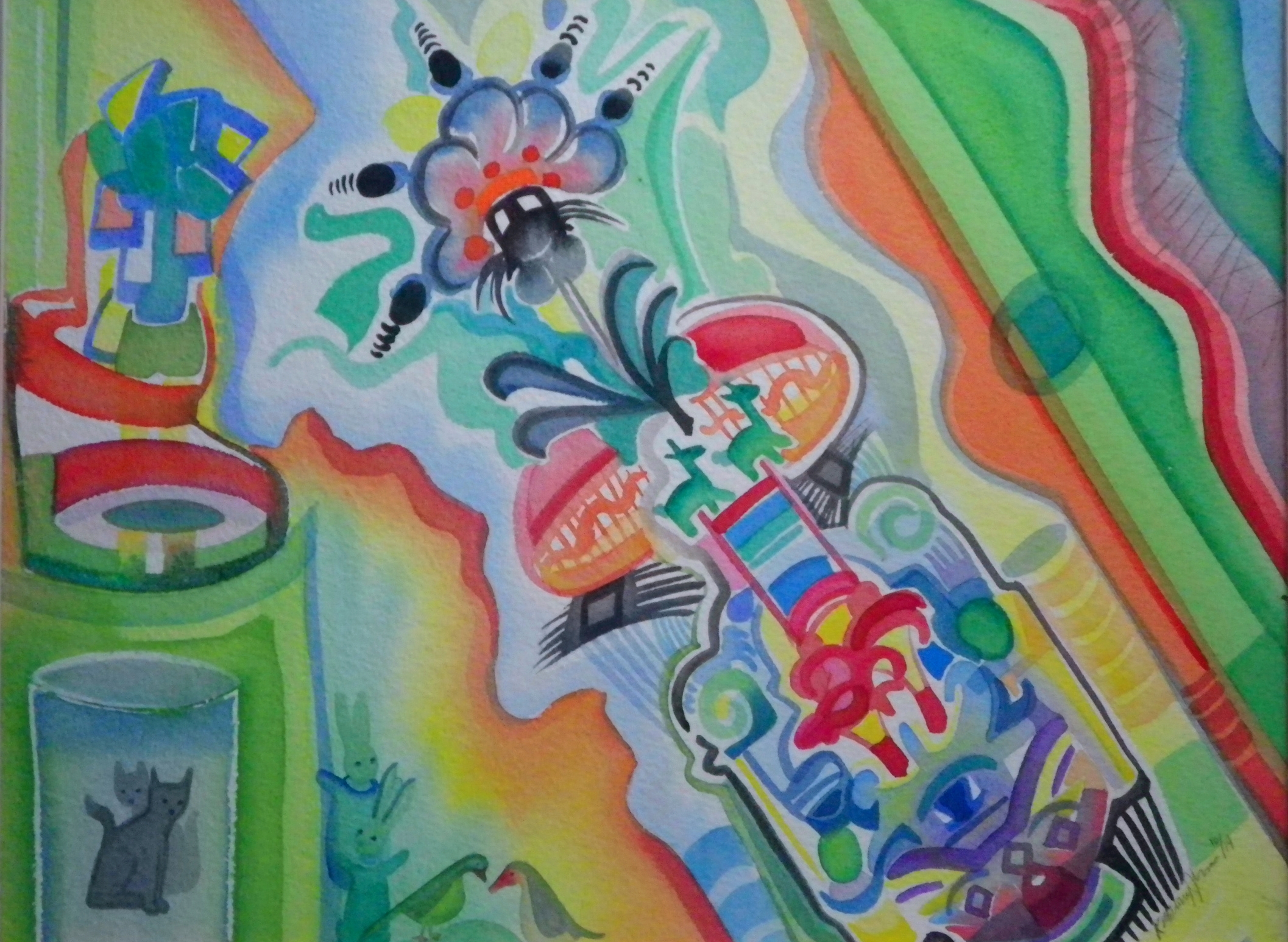  Wedding painting for a family friend. Symmetry, animals two by two, bright, colorful, abstract and cartoon-pictorial elements. 