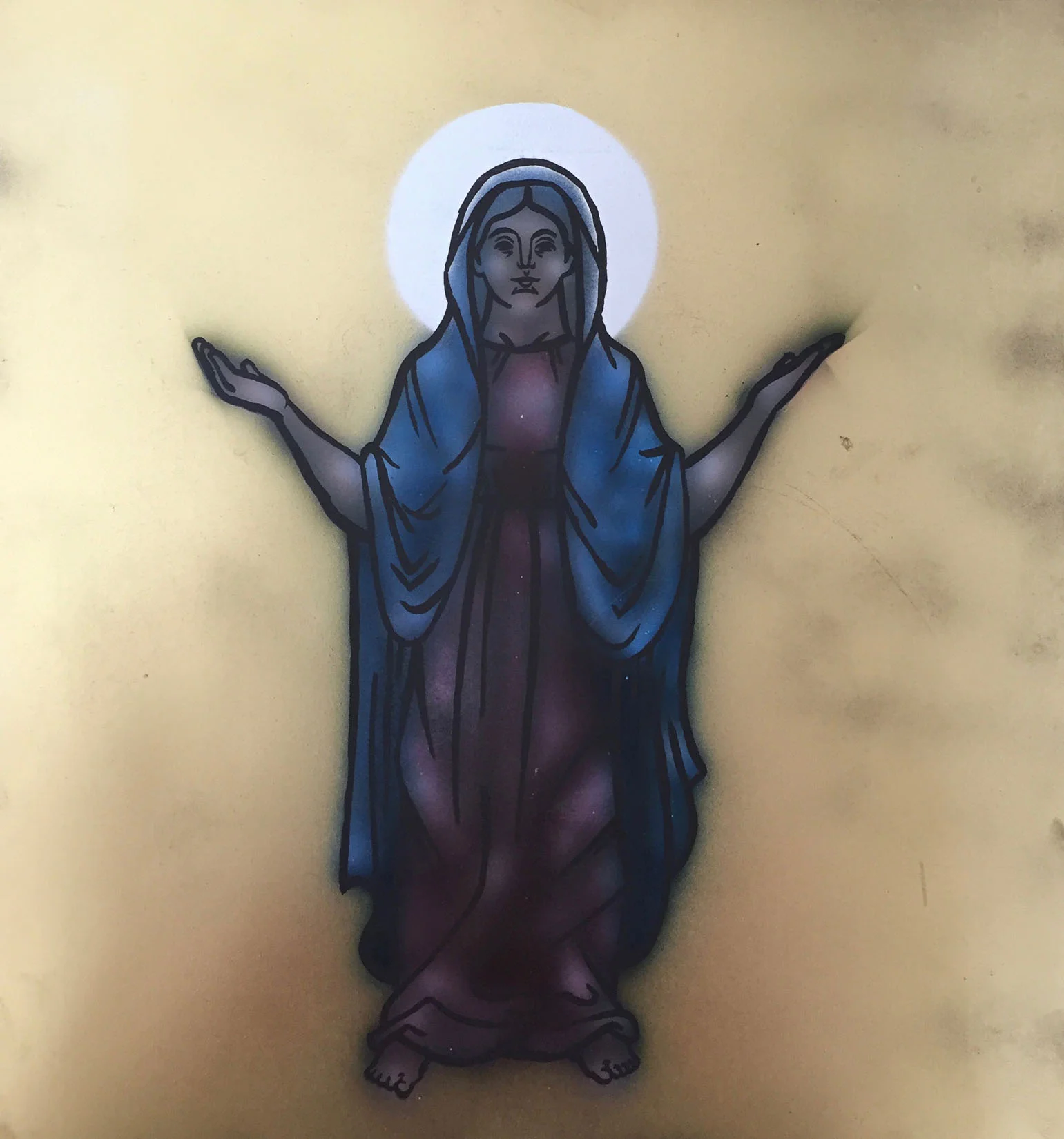 Our Lady (2016) screen print, airbrush and spray-paint on wood 50cm x 50cm