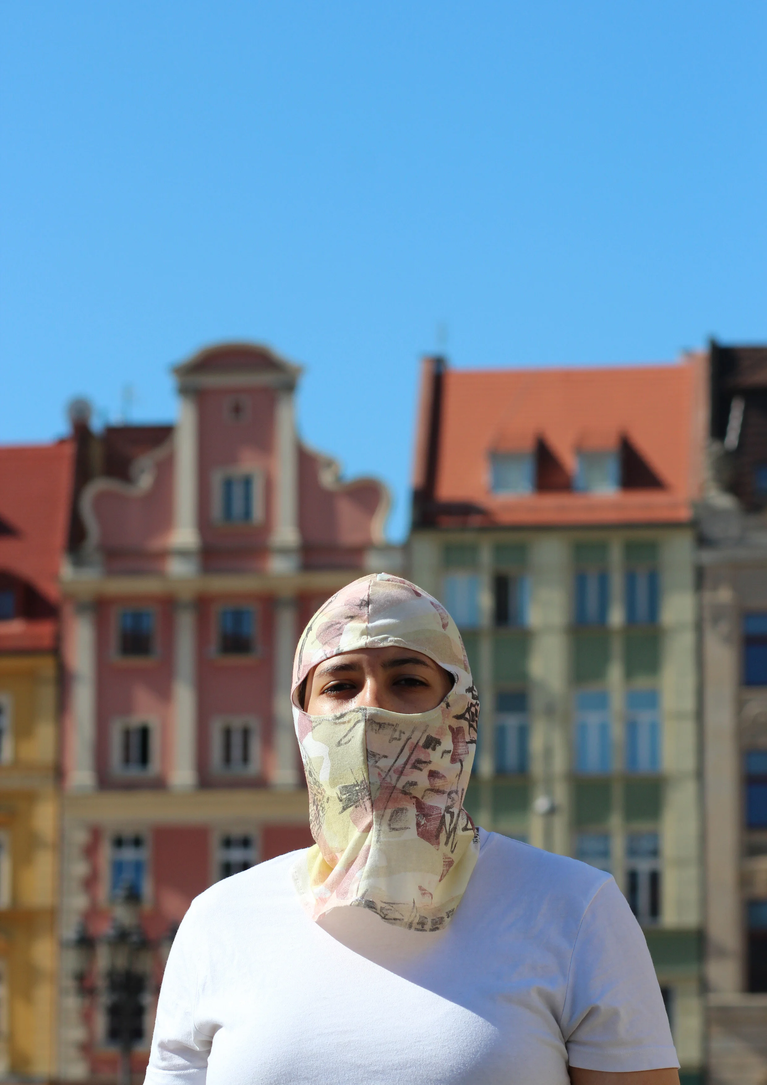   Daytime Rynek  (2019)  offset lithography on cloth, sewn into a ski mask  15” x 12”  $45  1 available 