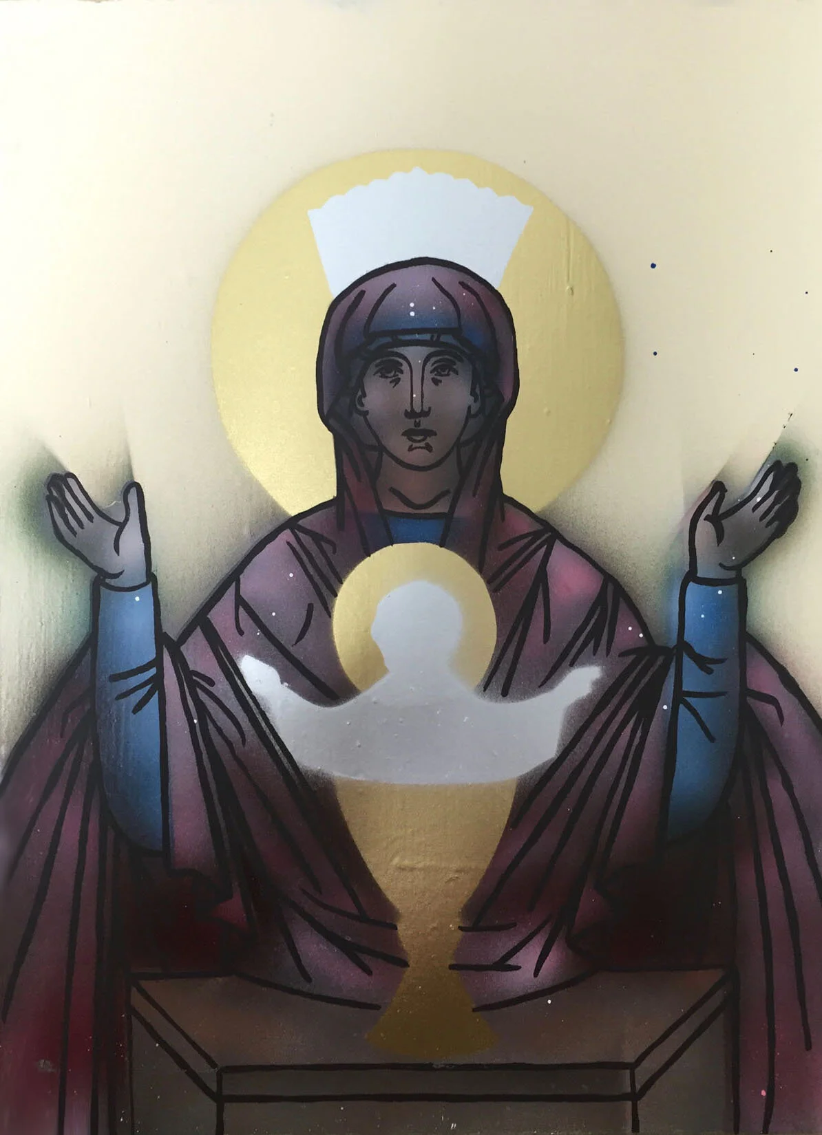 Theotokos of the Inexhaustible Cup (2016) screenprint and airbrush onto wood 13” x 19.5” not for sale