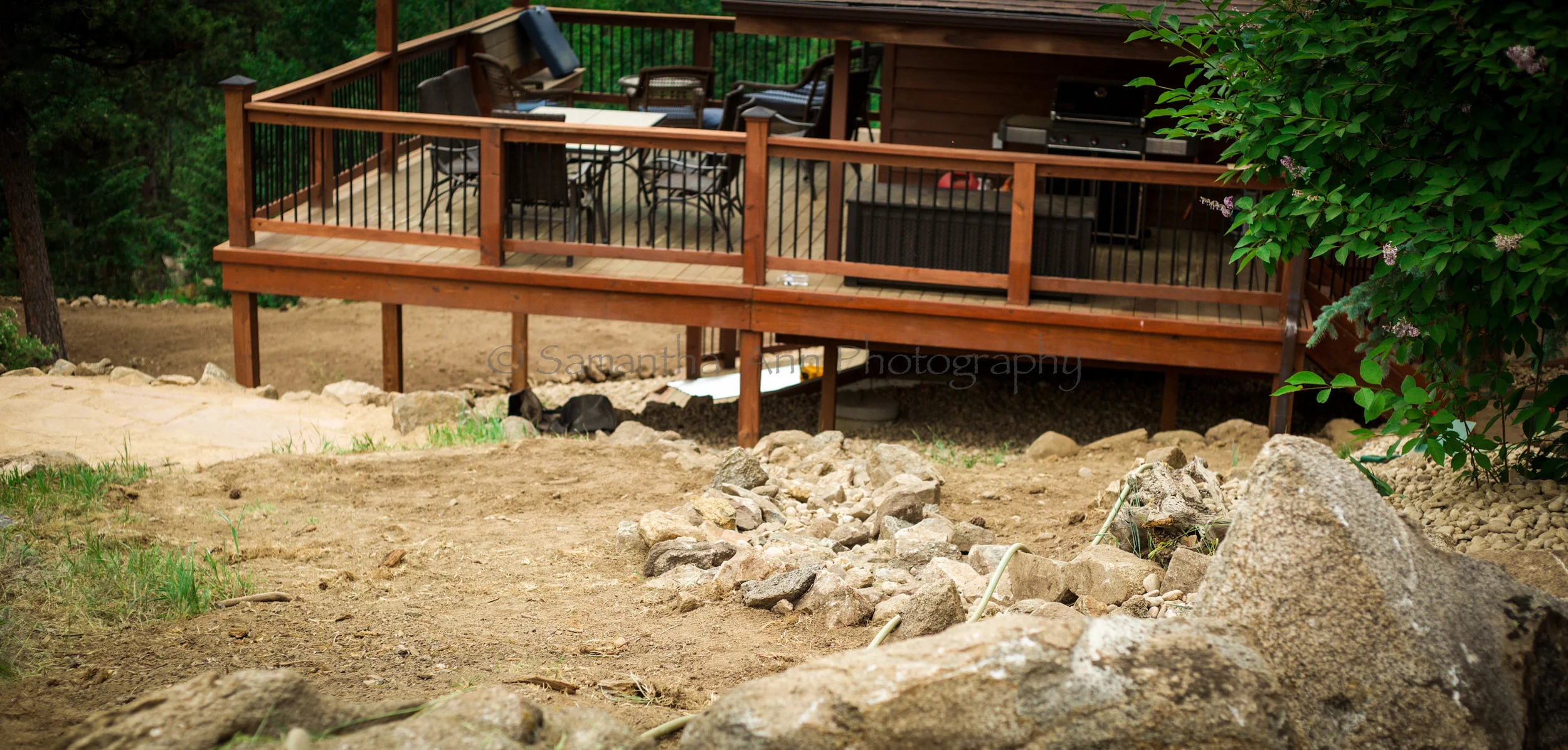 Looking down towards the deck and patio for future hot tub. 