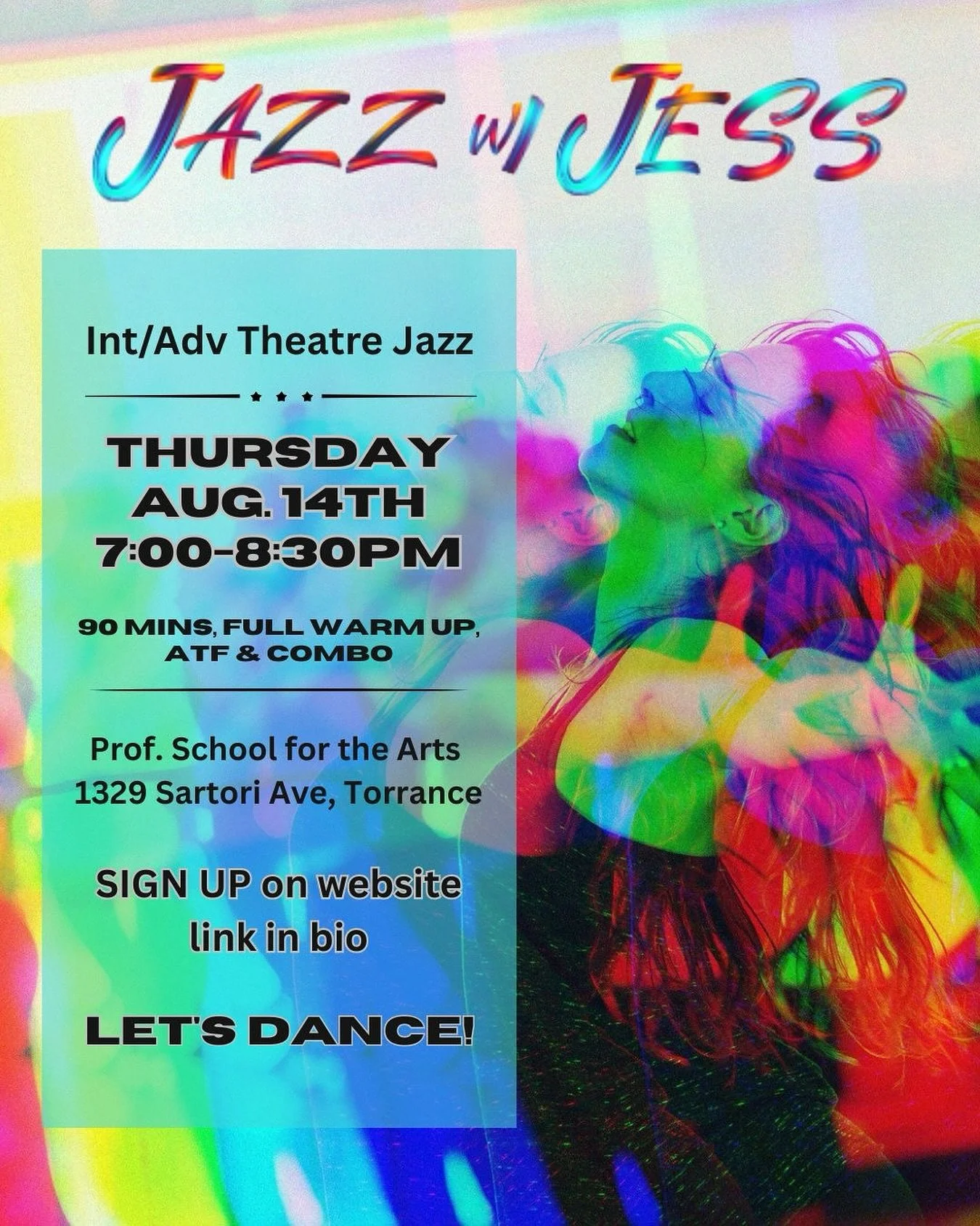 Jazz w/ Jess is Tomorrow, Thursday Aug 13th at 7:00! Come Dance with me!!
Link in bio to reserve your spot & Venmo/zelle links! Message with any questions.
Professional School for the Arts
1329 Sartori Ave
Torrance, CA 90501
conveniently locat