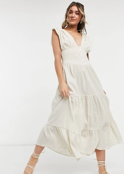 ASOS DESIGN shirred waist button front tiered midi sundress in crinkle in oatmeal