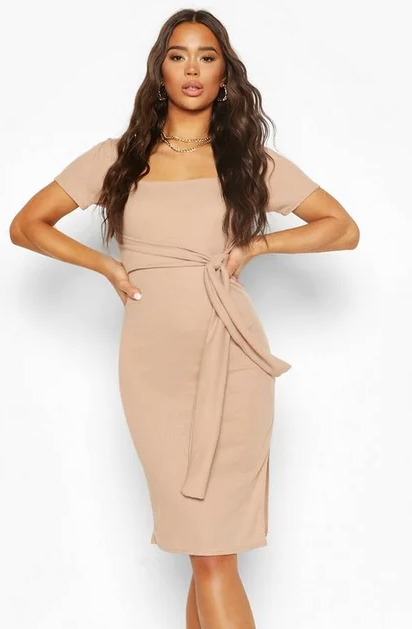 Rib Square Neck Belted Midi Dress