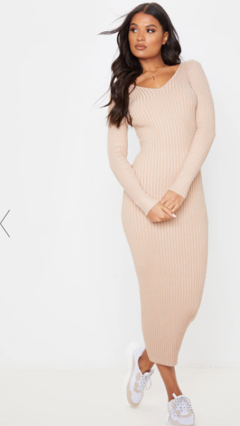 STONE OFF SHOULDER RIB KNITTED MIDAXI DRESS