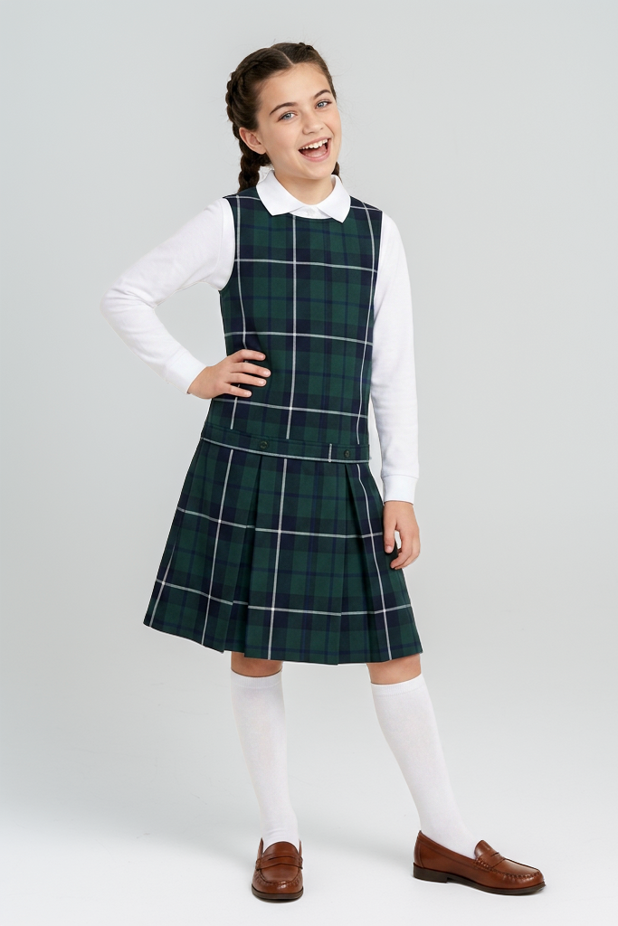 Green and Navy Plaid Drop Waist Jumper