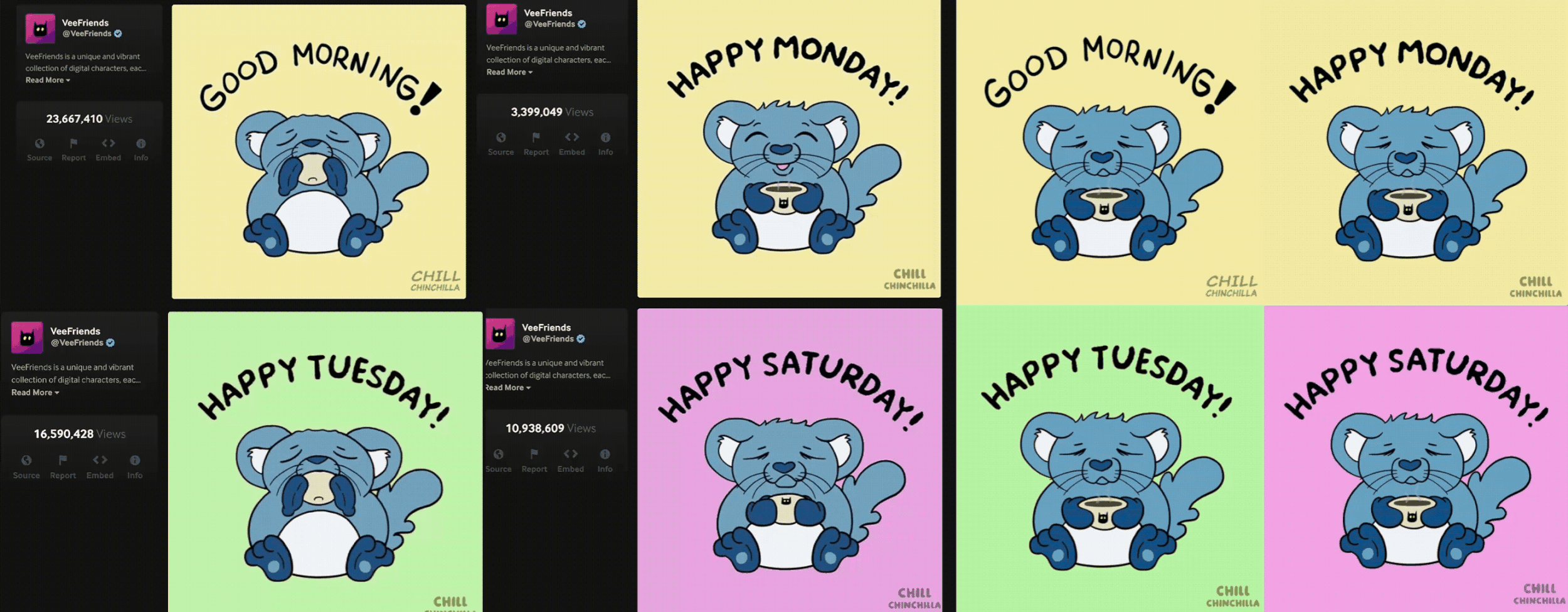   VeeFriends GIPHY Strategy: Chill Chinchilla Series    Impact: 7 GIFs | Millions of Views | Top 10 Brand Performer (2025)    The Strategy:  After identifying "Good Morning" as a high-velocity engagement driver on GIPHY, I developed the Chill Chinchi