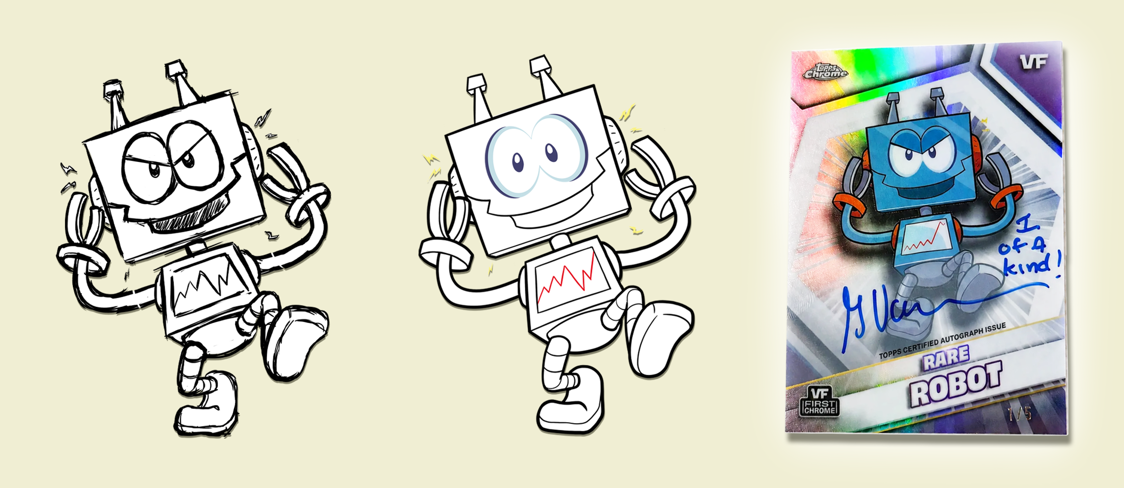  Rare Robot character artwork for the VeeFriends Topps Chrome base set — I illustrated all 200 characters in the line. Shown here: sketch through final production card, including a certified autograph insert. 