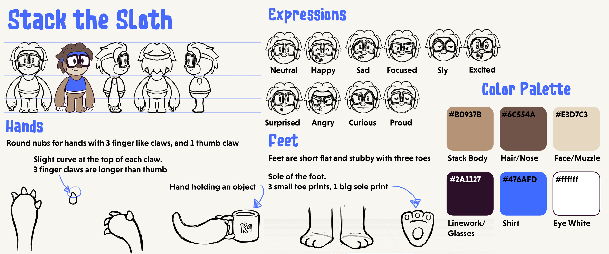  Character design and model sheet for Stack the Sloth, mascot of Responsible Adult — designed from a brief by founder Mikey Caloca, exploring 12 concepts before landing on the final character. 