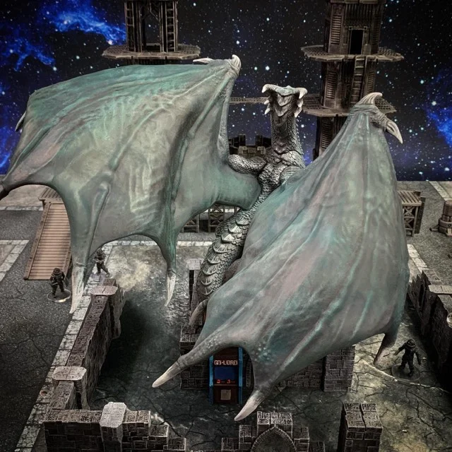 Light dry brush of Phantom Glow and Dungeon Slime across the wings and tail membranes.